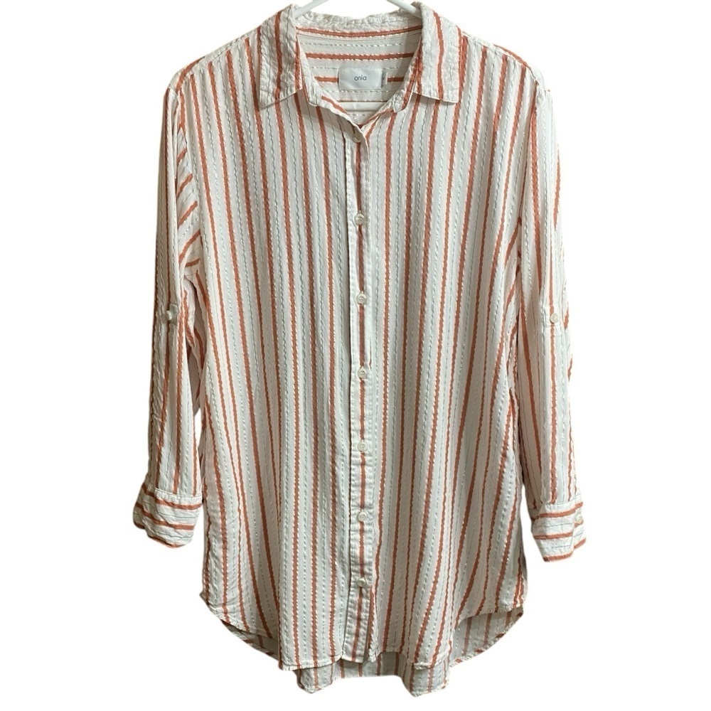 Onia Striped Button Down Swim Cover Up Small Shirt Dress Beach Resort White Red